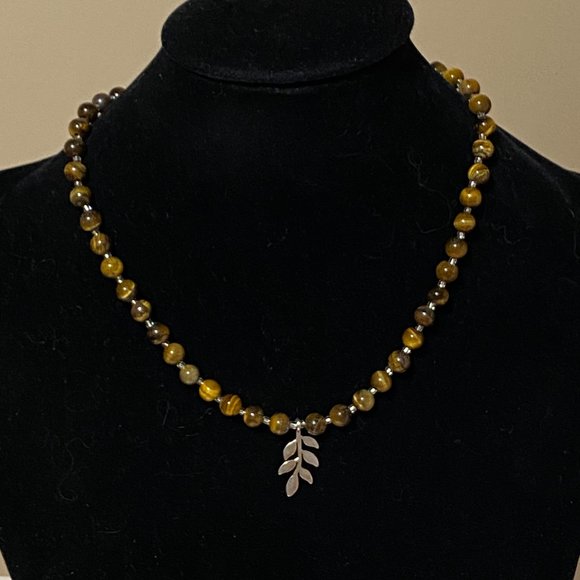 Tigers Eye Stone Silver Leaf Branch Necklace, Genuine Gemstone Beaded Necklace - Picture 2 of 10